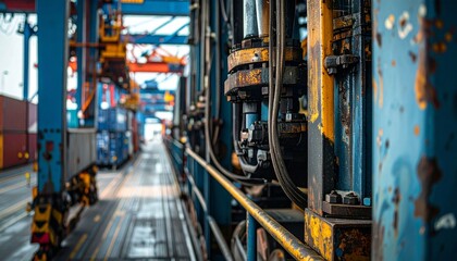 Detailed stock photo of industrial structures at a container terminal, including cranes, stacked containers, and heavy vehicles. Realistic RAW capture showing authentic textures and machinery.