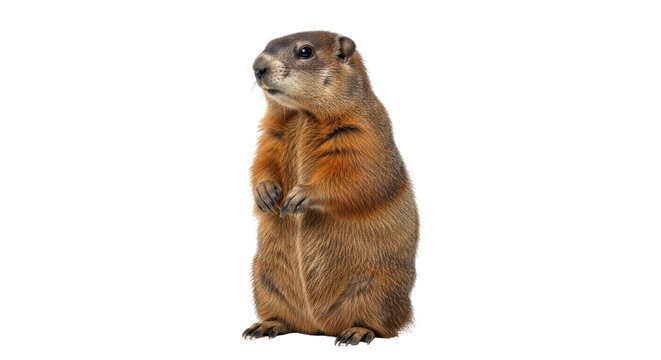 Fototapeta Isolated Groundhog Marmot standing up on hind legs, side view on a plain background, animal