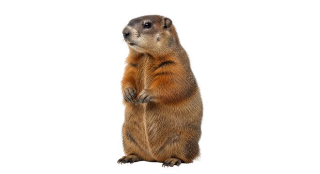 Isolated Groundhog Marmot standing up on hind legs, side view on a plain background, animal