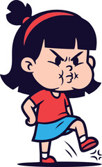 Cartoon girl stomping foot with angry expression and puffed cheeks