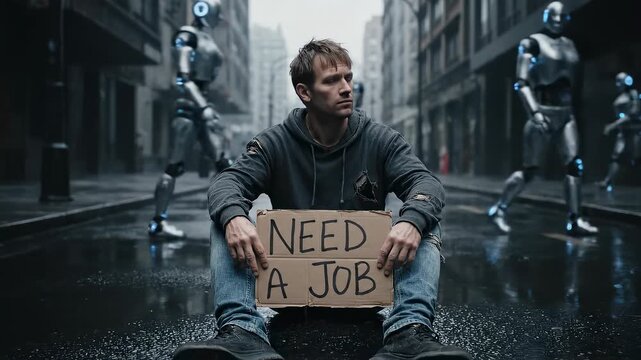 Desperate man holding 'Need a Job' sign amidst futuristic robots on a wet city street, conveying job displacement and technological unemployment themes in a dystopian future setting.