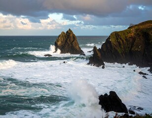 Dramatic coastal scene with stormy waves crashing against rocks