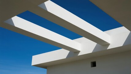 Modern architectural structure with white geometric beams against a clear blue sky