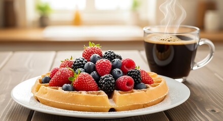 Delicious Waffle with Berries and Coffee.
