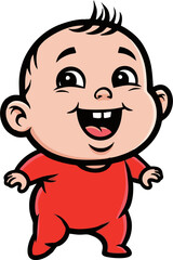 Cheerful Cartoon Baby in Red Outfit with Wide Open Mouth Smiling.