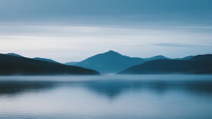 Obraz premium Calm lake reflecting distant mountains under a soft twilight sky