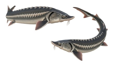 Two Sturgeon Fish Isolated on White Background, Close-up View.