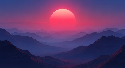 Vibrant Sunset Over Misty Mountains.
