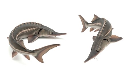 Fototapeta premium Two Sturgeon Fish on White Background Showing Detailed Anatomy.