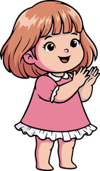 Cheerful Cartoon Girl Clapping Hands, Smiling with Pink Dress and Hair.