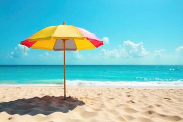 Fototapeta premium Vibrant beach umbrella providing shade on a sunny day, casting a shadow on the golden sand Perfect for summer vacation, relaxation, and seaside enjoyment , vacation, tranquil