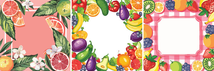 Set of 3 colorful fruit frames for summer poster and invitation design