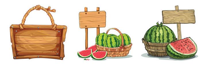 Vector illustration of picnic basket and watermelon sign for summer design
