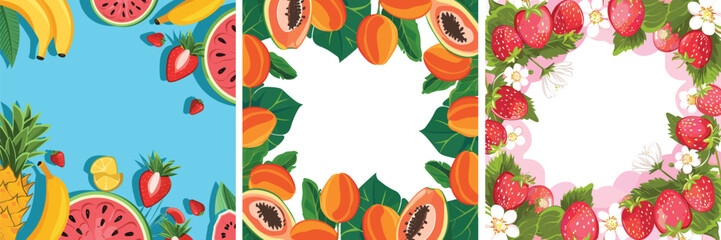 Variety of 3 tropical fruit borders for poster and greeting card design