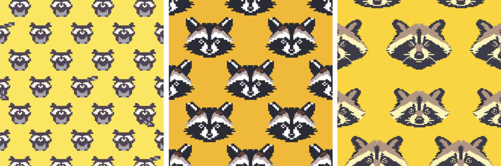 Seamless pattern of raccoon faces for cute animal background design
