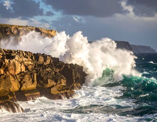Dramatic coastal waves crashing on jagged rocks
