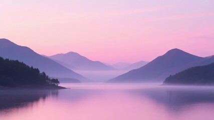 Serene lake at dawn with misty mountains reflecting in calm water under a pink sky