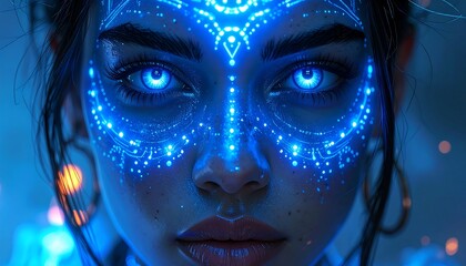 Close-up digital art of a woman with glowing blue face paint