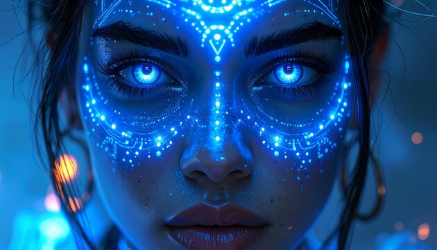 Close-up digital art of a woman with glowing blue face paint