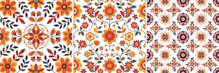 Seamless pattern of orange floral ornaments for decorative background