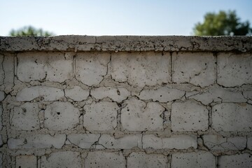 Weathered grey concrete block wall with faint yellow and orange markings outdoors