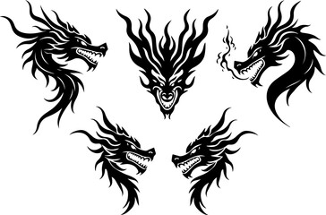 Obraz premium Dragon Head SVG Bundle | Tribal Dragon Tattoo Designs | Mythical Beast Silhouette Cut Files