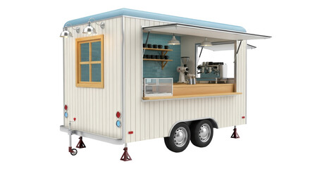 Isolated mobile coffee shop trailer with equipment against a no background for stock usage