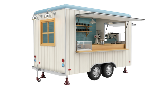 Isolated mobile coffee shop trailer with equipment against a no background for stock usage