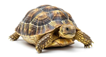 Obraz premium A striking studio portrait of a tortoise with an intricately patterned shell and textured skin, isolated on a clean white background.