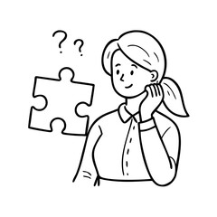 Finding missing piece in HR puzzle problem doodle line illustration concept. Female manager pondering over recruitment challenge 2D outline characters isolated. Hand drawn ink metaphor monochrome See 