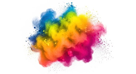 Abstract colorful powder explosion with vibrant rainbow hues scattering on a white background, creating a dynamic and artistic effect.