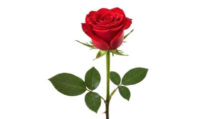 Isolated red rose on a stem with green leaves, beautiful flower blossom, floral theme