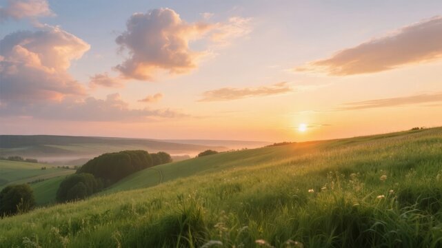 Sunset over rolling green hills with soft clouds and golden light