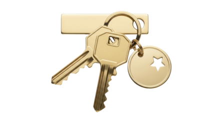 Isolated golden keychain with two keys and a round pendant with a star cut-out, secure house