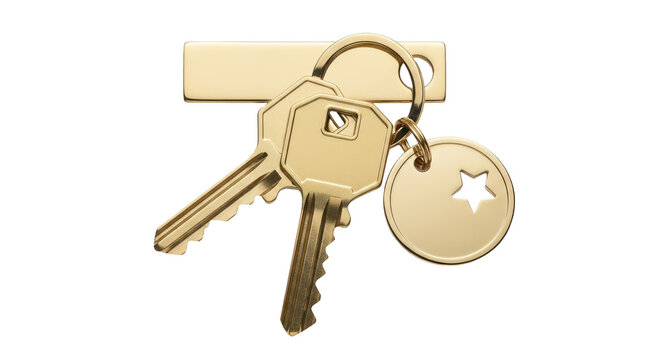 Isolated golden keychain with two keys and a round pendant with a star cut-out, secure house