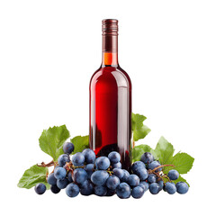 Red wine bottle with wine grapes isolated on transparent background, Clipart png