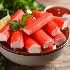Red crab sticks in a bowl