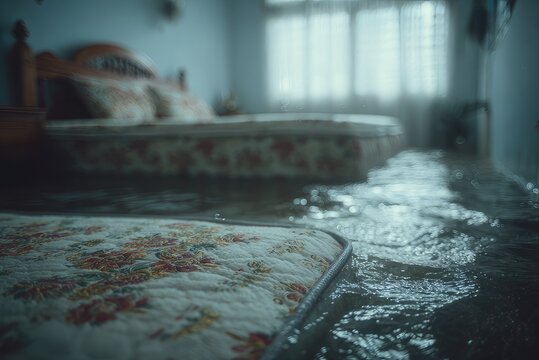 Flooded Bedroom Interior with Water Damage