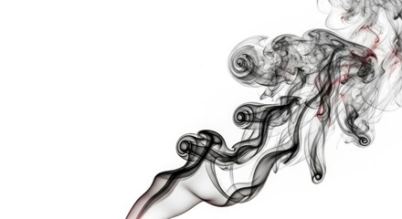 Dynamic black and grey smoke swirls with subtle red accents against a clean white background, creating an abstract and ethereal visual.