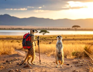 Two meerkats hiking in a savanna sunset