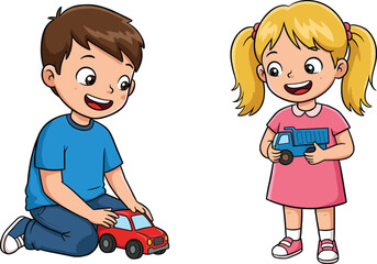 Cartoon boy playing with red toy car, girl holding blue toy truck, happy children enjoying playtime, vector illustration isolated background