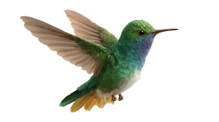 A colorful hummingbird flying with spread wings