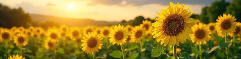 Obraz premium Vibrant sunflowers bask in the golden sunlight, their petals reaching towards the sky in a field of lush green A picturesque scene of summer growth and abundant nature , wildflowers, landscape