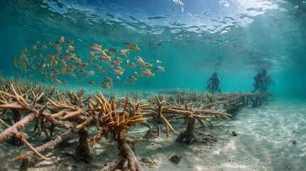 Scuba divers observing a coral reef restoration project with artificially grown coral fragments.