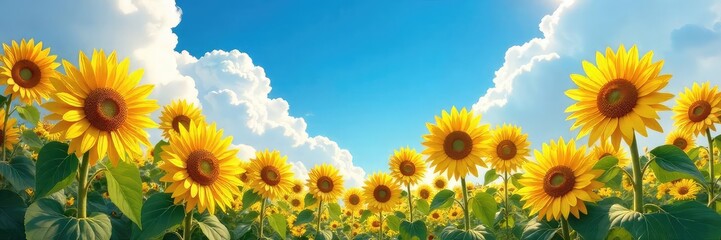 Fototapeta premium Vibrant sunflowers stretching towards a breathtaking, expansive summer sky Golden petals against a deep blue canvas, capturing the essence of warmth and serenity , sunshine, nature, sun