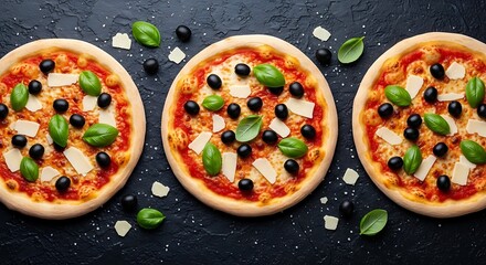 Three Delicious Pizzas with Toppings.