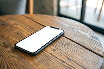 Modern smartphone with blank screen resting on a rustic wooden table surface.
