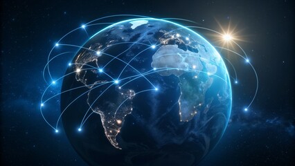 Fototapeta premium earth in space, global network connections on a glowing earth map in deep space with lens flare from sun