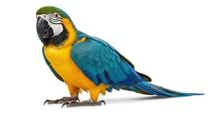 Vibrant Blue-and-yellow Macaw standing elegantly on a white background. A stunning tropical bird with colorful plumage, perfect for wildlife and pe...