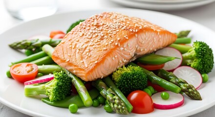 Healthy Salmon with Asparagus and Vegetables.
